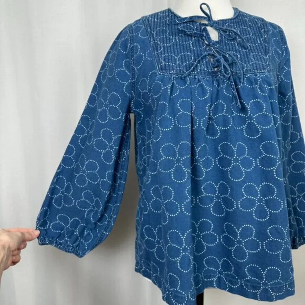 Madewell Indigo Floral Quilted Tie Front Bib Top XS Peasant Country Blouse NB613